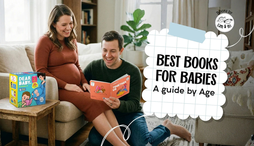 Expecting parents reading a Sam & Mi Dear Baby book together, with the title “Best Books for Babies: A Guide by Age.”